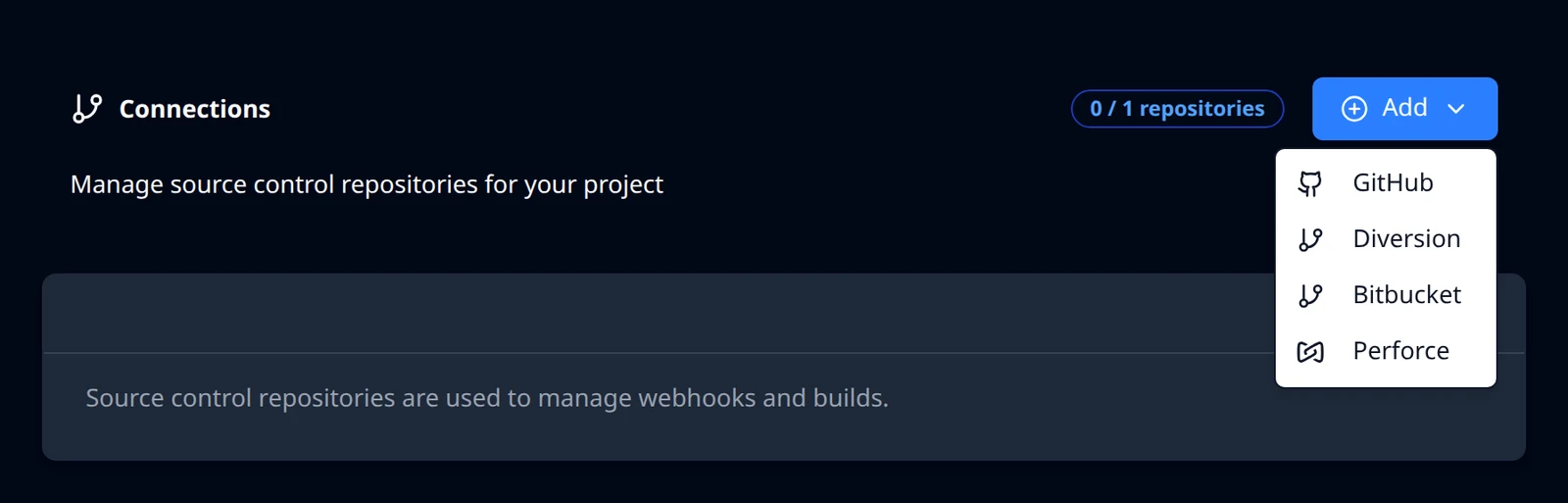Build Stream's Add menu on the connections page, listing GitHub, Diversion, Bitbucket and an enabled Perforce item.
