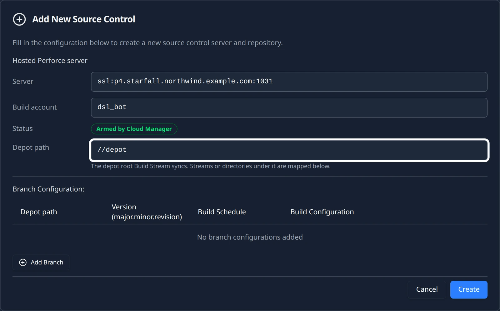 The Hosted Perforce server form: read-only Server and Build account rows, the Build account reading dsl_bot, a Status badge reading Armed by Cloud Manager, the Depot path field set to //depot, and the branch table headed Depot path.